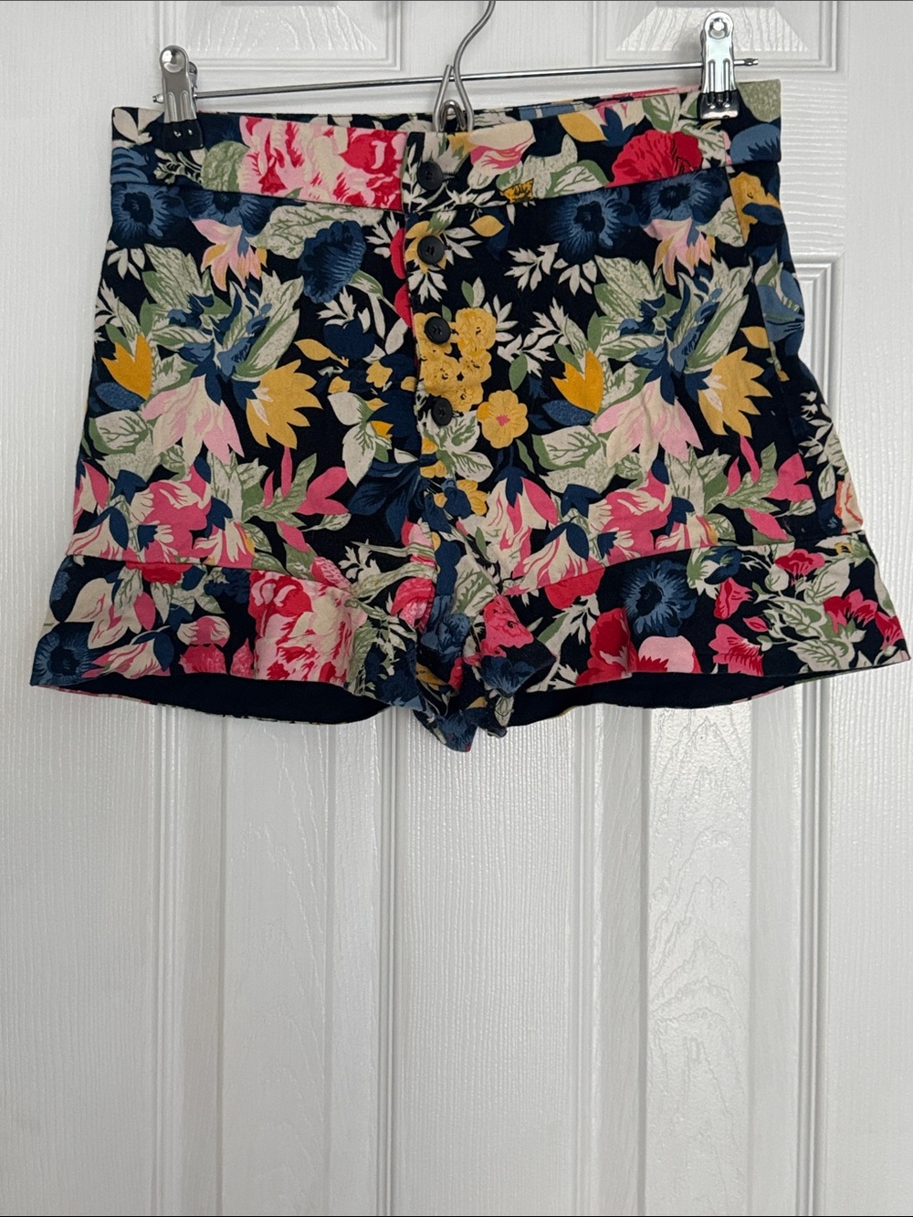 Zara Navy Floral High-Waist Button-Front Shorts Sz M Womens